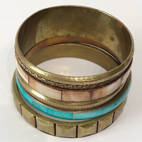 Vintage Brass Hand Crafted Mother of Pearl Inlay Bangles Bracelet Set Lot of 3 - Picture 9 of 16